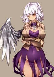 :/ angel_wings arms_under_breasts ascot beige_background beige_jacket braid breasts brooch cleavage_cutout closed_mouth clothing_cutout commentary covered_navel cowboy_shot dress eyelashes female french_braid highres jewelry kishin_sagume large_breasts looking_to_the_side no_panties orange_eyes purple_dress raptor7 sagume_kishin short_hair silver_hair simple_background single_wing solo standing symbol-only_commentary thighs touhou wavy_hair white_ascot wide_hips wings