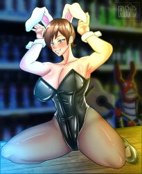 1girls alternative_version_available bar_(place) bar_counter blue_eyes blush bouncer brown_hair bunny_girl bunnysuit cuffs fishnets guitar isabella_(radiant_artist) rabbit_ears rabbit_pose radiant_artist short_hair threatening