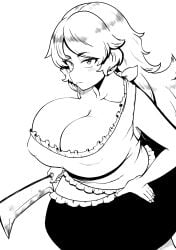 absurdres asymmetrical_breasts breasts cleavage closed_mouth covered_erect_nipples dress female hand_on_own_hip high_contrast highres himajin_noizu huge_breasts large_breasts long_hair looking_at_viewer monochrome nata_(tool) nemuno_sakata sakata_nemuno simple_background single_strap skirt solo touhou