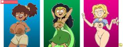 3girls aged_up amphibia amphibia_(finale) anne_boonchuy barely_clothed big_ass big_breasts bottomwear color_coded disney female female_only ilpanza marcy_wu multiple_girls naked nude sasha_waybright straight_hair tagme topless