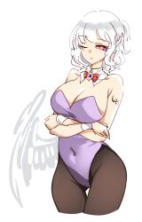 arms_under_breasts bow bowtie breast_hold breasts bunnysuit cleavage crossed_arms detached_collar female highres kishin_sagume looking_at_viewer pantyhose raptor7 red_eyes sagume_kishin short_hair single_wing sketch solo tattoo touhou wings wrist_cuffs