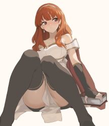 1girls ahonoko armor ass bare_shoulders black_gloves blunt_bangs blush book breasts cape celica_(fire_emblem) commentary_request dress earrings feet_out_of_frame female female_only fingerless_gloves fire_emblem fire_emblem_echoes:_shadows_of_valentia fullllllllllll7 gloves hairband jewelry knees_together_feet_apart knees_up long_hair nintendo on_ground pelvic_curtain red_eyes red_hair sitting solo thighhighs thighs tiara