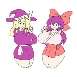 2girls blonde_hair bow female female_only h.a.r huge_breasts marisa_kirisame purple_eyes purple_hair reimu_hakurei thick_thighs touhou touhou_(pc-98) yellow_eyes