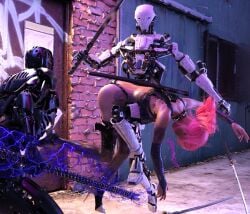 3d bikini cyberpunk cyberpunk_2077 defeated defeated_heroine green_eyes latex ninja piercing piercings pink_hair rylen_eso sword tattoo that3dartist