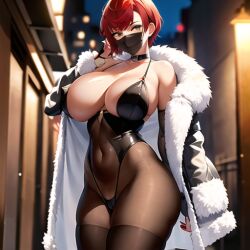 ai_generated alley_queens big_breast bodystocking breasts coat curvy female flashing green_eyes mask miss_scarlet navel original panties pixie_cut red_hair standing voluptuous white_skin