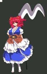 arms_behind_back breasts cleavage cross-laced_clothes female full_body grey_background hair_bobbles hair_ornament huge_breasts japanese_clothes komachi_onozuka looking_at_viewer lowres namako_(takorin) onozuka_komachi pixel_art red_eyes red_hair scythe simple_background solo standing takorin touhou two_side_up wavy_hair white_legwear