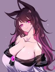 absurdres animal_ears breasts brown_hair cleavage closed_mouth commentary female grey_background highres huge_breasts imaizumi_kagerou long_hair looking_at_viewer off_shoulder raptor7 red_eyes simple_background smile solo symbol-only_commentary touhou upper_body wolf_ears wolf_girl