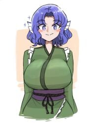 blue_eyes blue_hair breasts drill_hair drill_locks female fins frilled_kimono frills green_kimono head_fins huge_breasts japanese_clothes kimono large_breasts mata_(matasoup) medium_hair obi purple_sash sash solo touhou wakasagihime white_background