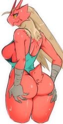 2021 4_fingers anthro ass blaziken blue_eyes blush bodily_fluids breasts clothing female fingers generation_3_pokemon green_clothing holding_butt looking_back mcfli nintendo non-mammal_breasts one-piece_swimsuit pinup pokemon pokemon_(species) portrait pose rear_view red_body side_boob simple_background sketch solo sweat swimwear three-quarter_portrait white_background yellow_sclera