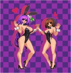 2girls :d alternate_costume animal_ears bare_legs bare_shoulders benben_tsukumo black_footwear black_leotard bow bowtie breasts brown_hair checkered_background cleavage covered_navel cross-laced_clothes detached_collar drop_shadow fake_animal_ears flower full_body hair_flower hair_ornament hairband heart high_heels highleg highleg_leotard holding_hands interlocked_fingers large_breasts leotard long_hair looking_at_viewer lowres medium_breasts multiple_girls namako_(takorin) open_mouth pixel_art playboy_bunny purple_background purple_eyes purple_hair rabbit_ears red_eyes shoes short_hair siblings sisters smile standing takorin touhou very_long_hair w_arms waving wrist_cuffs yatsuhashi_tsukumo