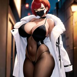 ai_generated alley_queens big_breast bodystocking breasts coat curvy female flashing green_eyes mask miss_scarlet navel original panties pixie_cut red_hair standing voluptuous white_skin