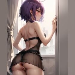 after_anal after_sex ai_generated anal anus ass big_ass big_butt blushing cum_drip cum_in_ass female female_focus female_only functionally_nude gaping gaping_anus lingerie looking_away looking_out_window medium_breasts minidress petite purple_hair pussy pussy_juice pussy_juice_drip stable_diffusion thick_thighs