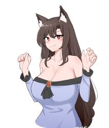 animal_ears bare_shoulders breasts bright_pupils brooch brown_hair cleavage clenched_hands closed_mouth collarbone commentary dress english_commentary female highres huge_breasts imaizumi_kagerou jewelry large_breasts long_hair long_sleeves mata_(matasoup) off-shoulder_dress off_shoulder red_eyes simple_background smile solo touhou upper_body white_background white_pupils wolf_ears