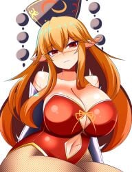 alternate_costume breasts chinese_clothes cleavage crescent female hat highres huge_breasts junko_(touhou) long_hair mature_female orange_hair pointy_ears red_eyes solo stitches touhou xialu_zajin