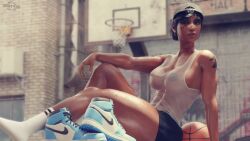 1girls 3d abs ass athletic baseball_cap basketball big_ass big_breasts blizzard_entertainment booty_shorts breasts cap dark-skinned_female dark_skin dat_ass egyptian egyptian_female fareeha_amari female female_only fit fit_female grvty3d gym_shorts hat on_floor overwatch pharah reversed_baseball_cap see-through see-through_clothing see-through_shirt see-through_top shiny_skin shoes short_shorts skin_tight socks solo sweat sweaty tattoo tomboy wet wet_clothes wet_skin