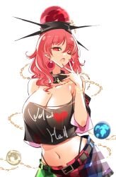 bare_shoulders belt black_belt breasts chains cleavage clothes_writing collar cuffs earrings earth_(ornament) female gold_chain hecatia_lapislazuli highleg highleg_panties highres jewelry large_breasts long_hair moon_(ornament) navel off-shoulder_shirt off_shoulder panties polos_crown raptor7 red_eyes red_hair shirt skirt solo thong touhou underwear