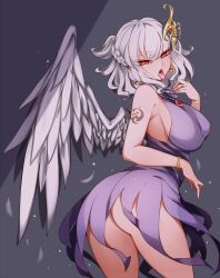 absurdres angel_wings ass bangle blush bracelet braid breasts dress earrings female hair_ornament highres jewelry kishin_sagume large_breasts looking_at_viewer looking_back no_panties pendant pointy_ears purple_dress raptor7 red_eyes ring sagume_kishin saliva short_hair sideboob single_wing sleeveless sleeveless_dress solo tattoo tongue tongue_out tongue_tattoo touhou twisted_torso white_hair wings