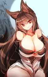 animal_ears bare_shoulders bow breasts brooch brown_hair cleavage collarbone commentary_request dress eyelashes female full_moon hairbow head_tilt highres huge_breasts imaizumi_kagerou jewelry long_hair long_sleeves looking_at_viewer moon night no_nose one-hour_drawing_challenge outdoors raptor7 red_eyes smile solo touhou upper_body v_arms very_long_hair white_dress wolf_ears