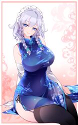 absurdres alternate_costume bare_shoulders blue_eyes braid breasts china_dress chinese_clothes covered_navel curvy dress female floral_print garter_straps gloves grey_hair head_tilt highres izayoi_sakuya large_breasts long_hair looking_at_viewer maid_headdress panties raptor7 sakuya_izayoi side-tie_panties smile solo stockings thighhighs touhou twin_braids underwear white_gloves wide_hips