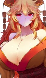 1girls alternate_costume bare_shoulders breasts cleavage closed_mouth collarbone female hat highres huge_breasts japanese_clothes junko_(touhou) kimono long_hair looking_at_viewer mature_female obi off_shoulder orange_eyes red_eyes sash satou_rin_(gobugabuge) smile solo touhou upper_body wavy_hair