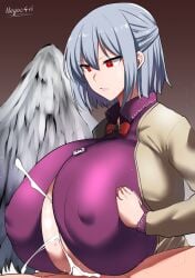 1boy 1girls artist_name breasts breasts_squeezed_together censored clothed_female_nude_male covered_erect_nipples cum cum_in_cleavage cumshot cumshot_in_chest ear ejaculation ejaculation_between_breasts engulfing_paizuri expressionless feathered_wings female gradient_background grey_hair highres huge_breasts kishin_sagume light-skinned_female light-skinned_male light_skin lips megao_3rd nude paizuri paizuri_under_clothes penis red_eyes sagume_kishin short_hair simple_background single_wing solo_focus straight touhou tsurime wings