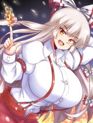 absurdres alternate_breast_size baggy_pants breasts buttons collared_shirt female fujiwara_no_mokou highres hime_cut huge_breasts long_hair long_sleeves norori pants red_eyes red_pants shirt sidelocks sleeve_garter solo suspenders touhou very_long_hair white_hair white_shirt