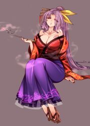 :o black_background blowing_smoke breasts cleavage collarbone dress female full_body geta grey_background highres holding holding_smoking_pipe japanese_clothes kimono kiseru komakusa_sannyo large_breasts long_hair long_sleeves looking_at_viewer nail_polish open_mouth purple_dress purple_hair raptor7 red_eyes red_kimono red_nails ribbon sandals simple_background sitting skirt smoking_pipe solo tattoo tobacco touhou yellow_ribbon