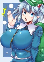 blue_eyes blue_hair blue_shirt breasts collared_shirt female flat_cap frilled_shirt_collar frills hair_bobbles hair_ornament hat highres huge_breasts kawashiro_nitori key long_sleeves medium_hair norori puffy_sleeves shirt short_twintails sidelocks solo touhou twintails two_side_up