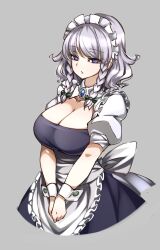 apron blue_eyes bow braid breasts cleavage closed_mouth detached_collar expressionless female green_bow grey_background hairbow highres izayoi_sakuya large_breasts looking_at_viewer maid maid_apron maid_headdress medium_hair own_hands_together petticoat puffy_short_sleeves puffy_sleeves raptor7 sakuya_izayoi short_sleeves side_braids simple_background solo touhou twin_braids v_arms waist_apron white_apron white_hair wrist_cuffs