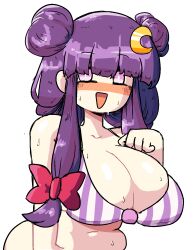 alternate_costume alternate_hairstyle belly bikini blunt_bangs bow breasts cleavage commentary crescent crescent_hair_ornament double_bun female hair_bun hair_ornament hairbow highres huge_breasts large_breasts looking_at_viewer navel no_headwear notnoe_(dxcl) open_mouth patchouli_knowledge plump purple_eyes purple_hair red_bow shaded_face simple_background smile solo striped striped_bikini sweat swimsuit touhou upper_body white_background