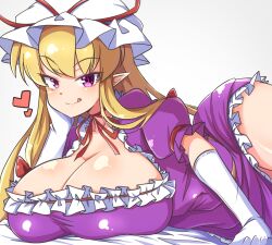 bed cleavage heart huge_breasts licking_lips looking_at_viewer norori seductive_look tongue touhou yukari_yakumo