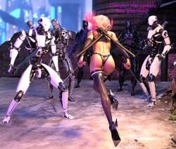 3d bikini cyberpunk cyberpunk_2077 green_eyes latex ninja pink_hair rylen_eso sword tattoo that3dartist