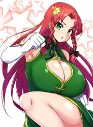 cleavage cleavage_cutout fist hong_meiling huge_breasts looking_at_viewer norori raised_leg touhou