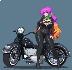 belly big_cleavage biker_clothes bikesuit blonde_hair bodysuit breasts cleavage curvy female gradient_hair green_scarf ground_vehicle hand_on_own_hip hijiri_byakuren huge_breasts light_brown_hair long_hair long_sleeves looking_at_viewer lowres motor_vehicle motorcycle multicolored_hair namako_(takorin) pixel_art purple_eyes purple_hair scarf shiny_clothes sideways_glance solo standing takorin thigh_gap thighs touhou turbo_byakuren very_long_hair wide_hips