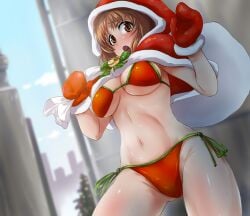 bikini boko_(girls_und_panzer) breasts brown_eyes brown_hair carrying_over_shoulder day female girls_und_panzer gloves hat holding holding_sack kabutowari large_breasts looking_at_viewer navel nishizumi_miho open_mouth outdoors sack santa_costume santa_gloves santa_hat short_hair solo swimsuit