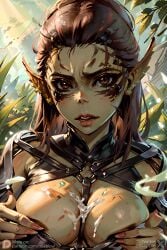 1girls 2023 after_sex ai_generated armor baldur's_gate baldur's_gate_3 baldurs_gate big_eyes bra breasts brown_hair busty cum cum_drip cum_on_breasts cute cute_face detailed_eyes embarrassed female female_focus female_only fingernails front_view game githyanki grass green-skinned_female green_skin green_theme hi_res lae'zel leather_armor long_fingernails long_hair long_nails medium_breasts miapipai neoteny o-ring one_girl open_mouth pointy_ears self_upload sensual sharp_fingernails sharp_nail solo stable_diffusion straps tall_grass video_game video_game_character video_games