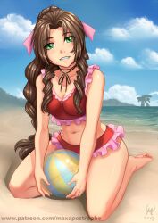 1girls aerith_gainsborough beach beach_ball bikini bikini_skirt breasts brown_hair clouds final_fantasy final_fantasy_vii green_eyes hair_ribbon looking_at_viewer maxa-art medium_breasts midriff navel necklace ocean outside ponytail red_bikini red_swimsuit sand sky smooth_skin swimsuit swimsuit_skirt wariza water