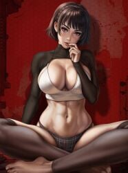 1girls abs absurd_res absurdres athletic athletic_female atlus bangs barefoot big_breasts breast_squish breasts brown_hair busty child_bearing_hips cleavage clothed clothed_female clothing cute_face dandon_fuga feet female female_focus female_only fit fit_female high_resolution highres hips huge_breasts large_breasts large_filesize light-skinned_female light_skin looking_at_viewer makoto_niijima megami_tensei navel panties parted_lips persona persona_5 plaid_panties plaid_underwear red_background red_eyes shrug simple_background slim_girl slim_waist stirrup_legwear stirrups stomach tank_top thick_thighs thighs toes toned toned_body toned_female toned_stomach underwear very_high_resolution white_tank_top