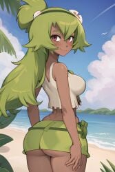 1girls ai_generated amalia ass beach clothing dark-skinned_female dark_skin female green_hair long_hair midriff skirt solo wakfu