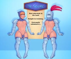 2boys armet femboy kiddeathx_(artist) knight knight_armor knight_helmet looking_at_viewer medieval_armour naked naked_male naked_torso pants plume text text_box the_squire_(character)