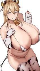 1girls animal_ears animal_print areola_slip baby_bottle bikini blonde_hair blush bottle breasts cow_ears cow_girl cow_horns cow_print cow_print_bikini cow_tail cowbell curvy elbow_gloves eyelashes female female_focus frigga_(last_origin) from_above gloves grin half-closed_eyes holding holding_bottle horns huge_breasts last_origin light-skinned_female light_skin long_hair looking_at_viewer micro_bikini navel nipples perfellcsaiko plump shiny_skin sitting smile solo swimsuit tail thick_thighs thighs white_background wide_hips