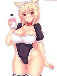 1girls bell bell_collar black_leotard blonde_hair bottle breasts cat_bell cat_ears catgirl collar covered_navel female female_only fully_clothed highleg highleg_leotard holding_bottle large_breasts leotard long_hair looking_at_viewer maid maid_headdress original painted_fingernails red_eyes revealing_clothes thighhighs tiffy tiffynyaa