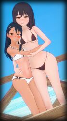 2girls beach big_breasts bikini black_hair blush breasts brown_eyes cleavage clothed clothing donohater earrings female_focus female_only hayase_nagatoro hips hugging koikatsu long_hair looking_at_viewer medium_hair misaki_nagatoro multiple_girls navel please_don't_bully_me,_nagatoro revealing_clothes siblings sisters small_breasts smile tan tan_body tan_skin tanline tanned