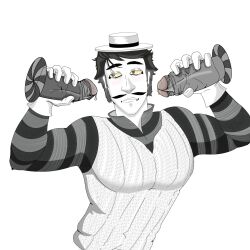 1boy bara big_pecs brawl_stars cum_drip gay gray_(brawl_stars) highres male mime pale_skin