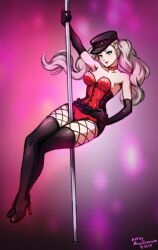 1girls ann_takamaki atlus blonde_hair blue_eyes breasts choker corset elbow_gloves fishnet_pantyhose fishnets gloves hairclip hand_on_hip hat high_heels large_breasts looking_at_viewer megami_tensei minacream persona persona_5 pole pole_dancing red_corset red_shorts shorts thighhigh_boots twintails