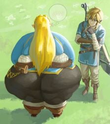 1boy1girl ass ass_focus back_view bbw big_ass big_butt blonde_hair boots breath_of_the_wild champion's_tunic chubby chubby_female dat_ass embarrassed fat fat_ass giantess grass grass_field hand_on_chin huge_ass link link_(breath_of_the_wild) long_hair looking_at_partner nintendo obese obese_female overweight overweight_female pointy_ears presiart princess_zelda ssbbw sword the_legend_of_zelda thick_thighs thought_bubble wide_hips zelda_(breath_of_the_wild)