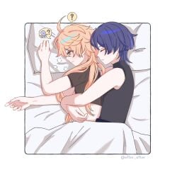 2boys aether_(genshin_impact) amber_eyes blonde_hair embarassed embracing embracing_another genshin_impact hugging hugging_from_behind long_hair male male_only no_sex partners purple_eyes purple_hair scaramouche_(genshin_impact) sharing_bed shy sleeping sleeping_together uncomfortable wholesome yaoi