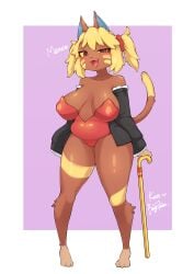 :3 absurd_res animal_crossing anthro big_breasts boingfarm breasts cane clothed clothing domestic_cat felid feline felis female hi_res huge_breasts jacket katt_(animal_crossing) leotard looking_at_viewer mammal nintendo simple_background smug snaggle_tooth solo topwear