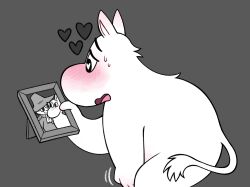 <3_eyes anthro back_tuft biped blush blush_lines bodily_fluids eyebrows grey_background heart holding_object human itsamehornio male mammal masturbation moomin moomintroll motion_lines neck_tuft open_mouth penile penile_masturbation picture_frame prick_ears semi-anthro simple_background snufkin solo sweat sweatdrop sweaty_face tail tail_tuft the_moomins tongue troll tuft