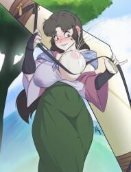 1girls big_breasts black_hair blush boomerang breasts brown_eyes gage gloves inuyasha kemono lactating lactation lactation_through_clothes long_hair nipples one_breast_out sango skirt wet_clothes